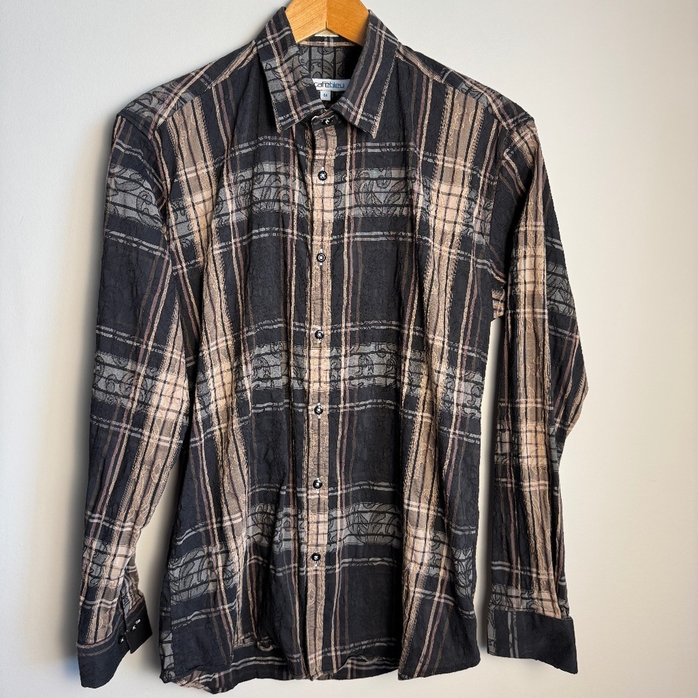 Cafe Bleu Men's Jacquard Long Sleeve Paisley Casual Dress Button‎ Shirt Brown M